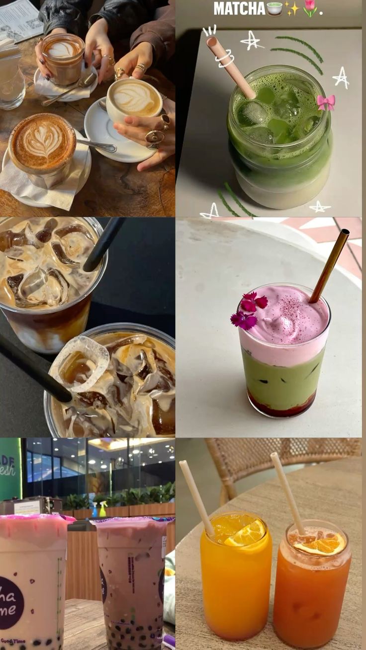 Gen Z drinks trending on TikTok including matcha latte, iced coffee, bubble tea, and colorful fruit beverages