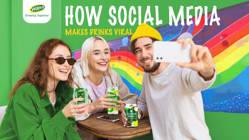 Young people taking a selfie with canned beverages showing social media marketing trends